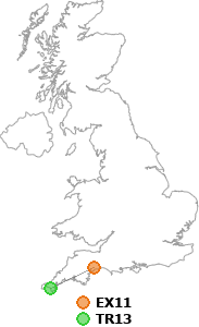 map showing distance between EX11 and TR13