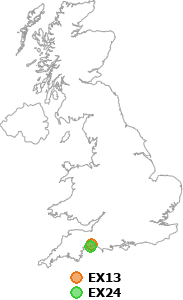 map showing distance between EX13 and EX24