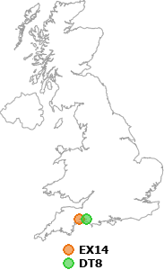 map showing distance between EX14 and DT8