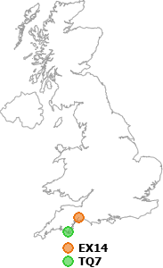 map showing distance between EX14 and TQ7
