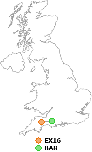 map showing distance between EX16 and BA8