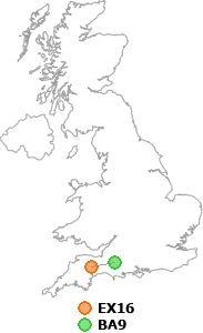 map showing distance between EX16 and BA9