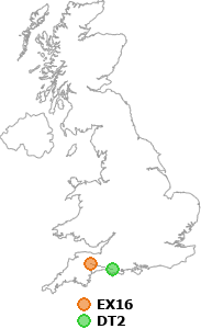 map showing distance between EX16 and DT2