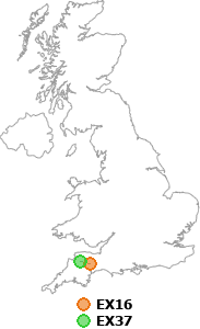 map showing distance between EX16 and EX37