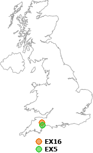 map showing distance between EX16 and EX5