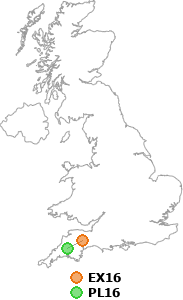 map showing distance between EX16 and PL16