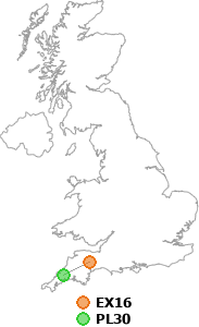 map showing distance between EX16 and PL30