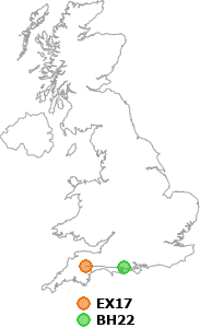 map showing distance between EX17 and BH22