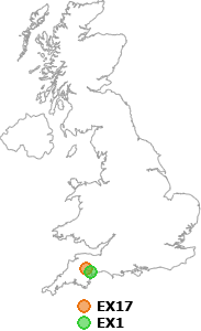 map showing distance between EX17 and EX1