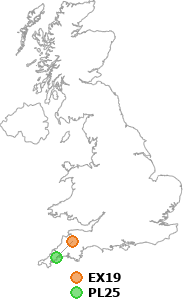 map showing distance between EX19 and PL25