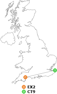 map showing distance between EX2 and CT9