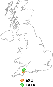 map showing distance between EX2 and EX16