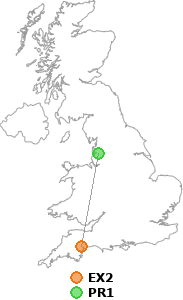 map showing distance between EX2 and PR1