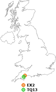 map showing distance between EX2 and TQ13