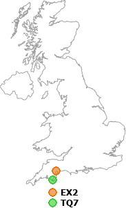 map showing distance between EX2 and TQ7