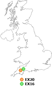 map showing distance between EX20 and EX16