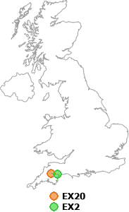 map showing distance between EX20 and EX2