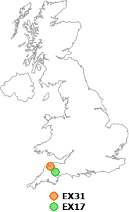 map showing distance between EX31 and EX17