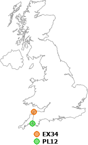 map showing distance between EX34 and PL12