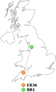 map showing distance between EX36 and BB1
