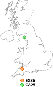 map showing distance between EX36 and CA25