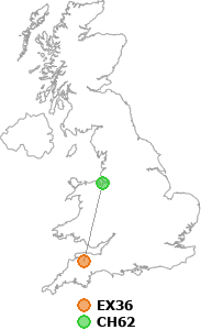 map showing distance between EX36 and CH62
