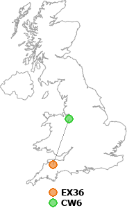 map showing distance between EX36 and CW6