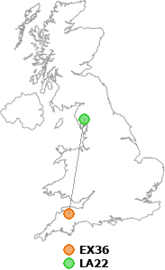 map showing distance between EX36 and LA22