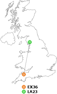 map showing distance between EX36 and LA23