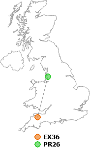 map showing distance between EX36 and PR26