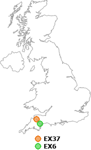 map showing distance between EX37 and EX6