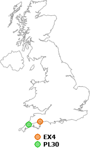 map showing distance between EX4 and PL30