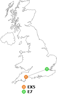 map showing distance between EX5 and E7