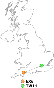 map showing distance between EX6 and TW14