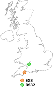 map showing distance between EX8 and BS32