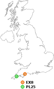 map showing distance between EX8 and PL25