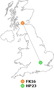 map showing distance between FK16 and HP23