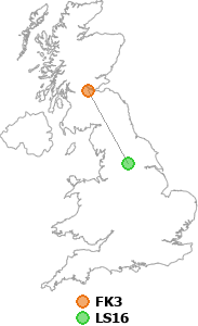 map showing distance between FK3 and LS16