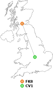 map showing distance between FK8 and CV1