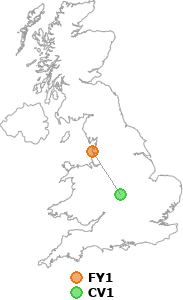 map showing distance between FY1 and CV1