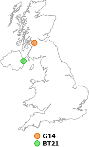 map showing distance between G14 and BT21