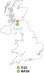 map showing distance between G21 and KA18