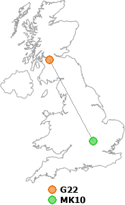 map showing distance between G22 and MK10