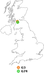map showing distance between G3 and G74