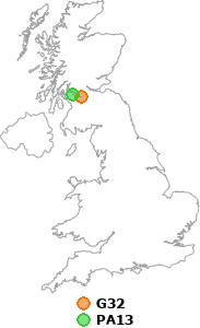 map showing distance between G32 and PA13