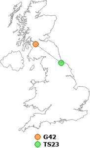 map showing distance between G42 and TS23