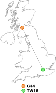 map showing distance between G44 and TW18