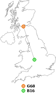 map showing distance between G68 and B16