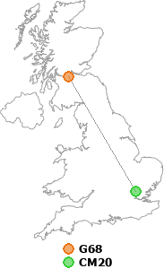 map showing distance between G68 and CM20
