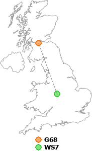 map showing distance between G68 and WS7